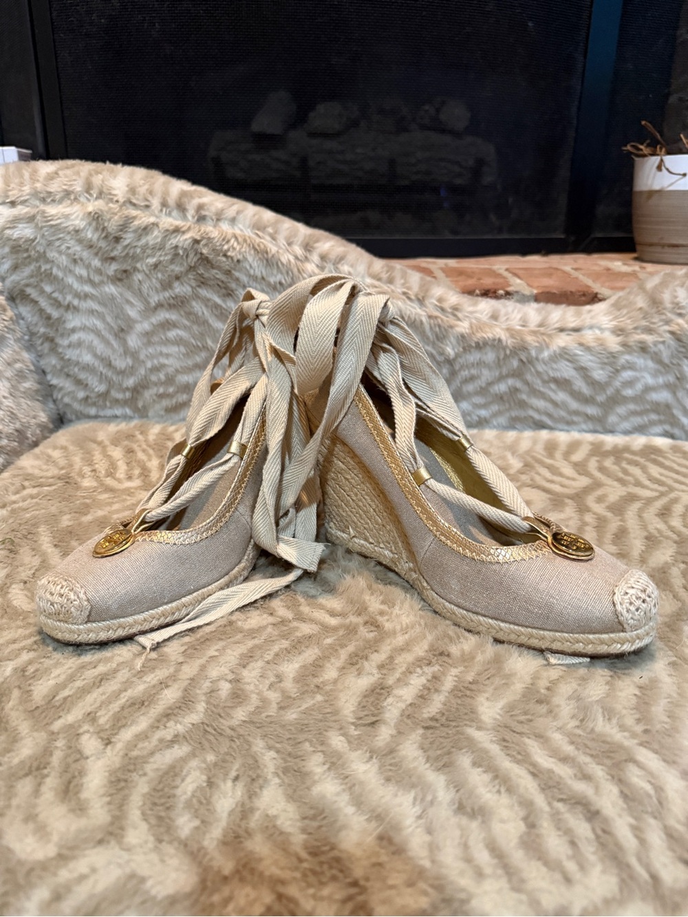 Tory Burch Beige Canvas Espadrille Wedge Sandals with Gold Medallion